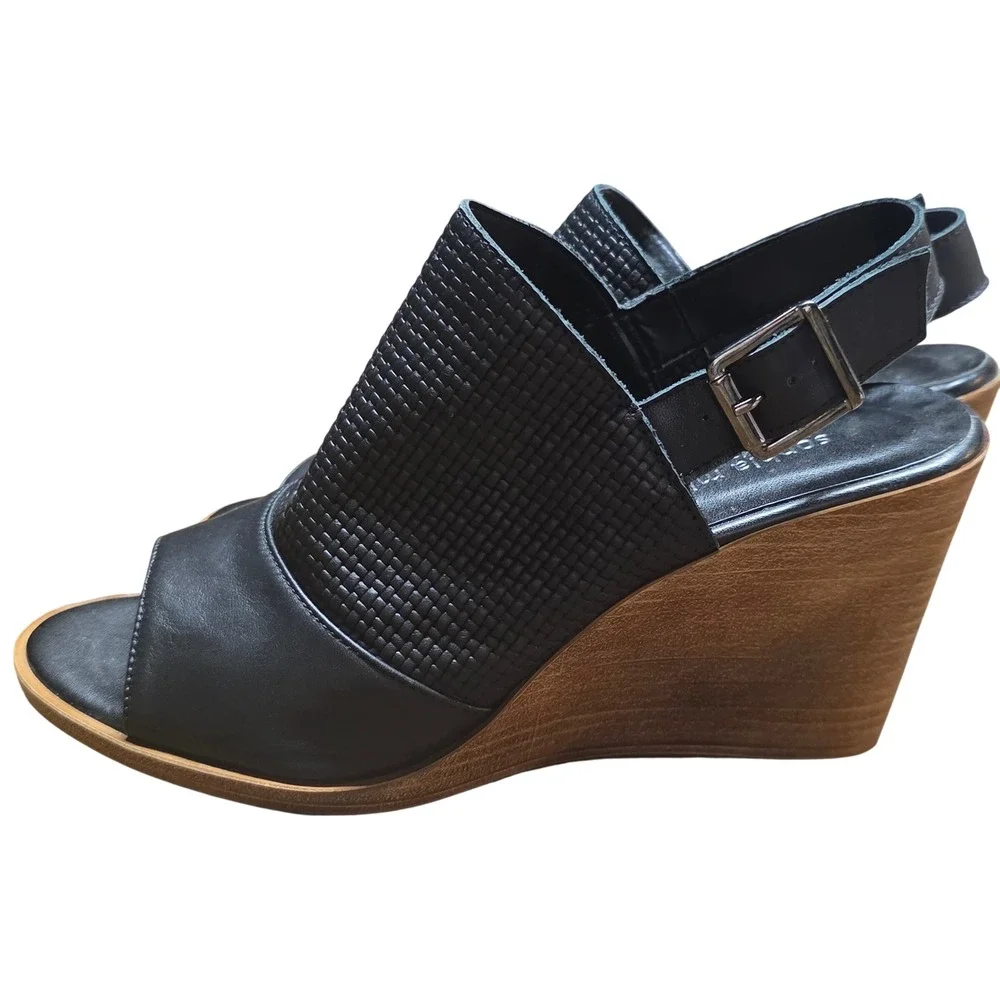 Sophia Milano Black Woven Leather Slingback Wedge Sandals Made in Italy Size 8.5